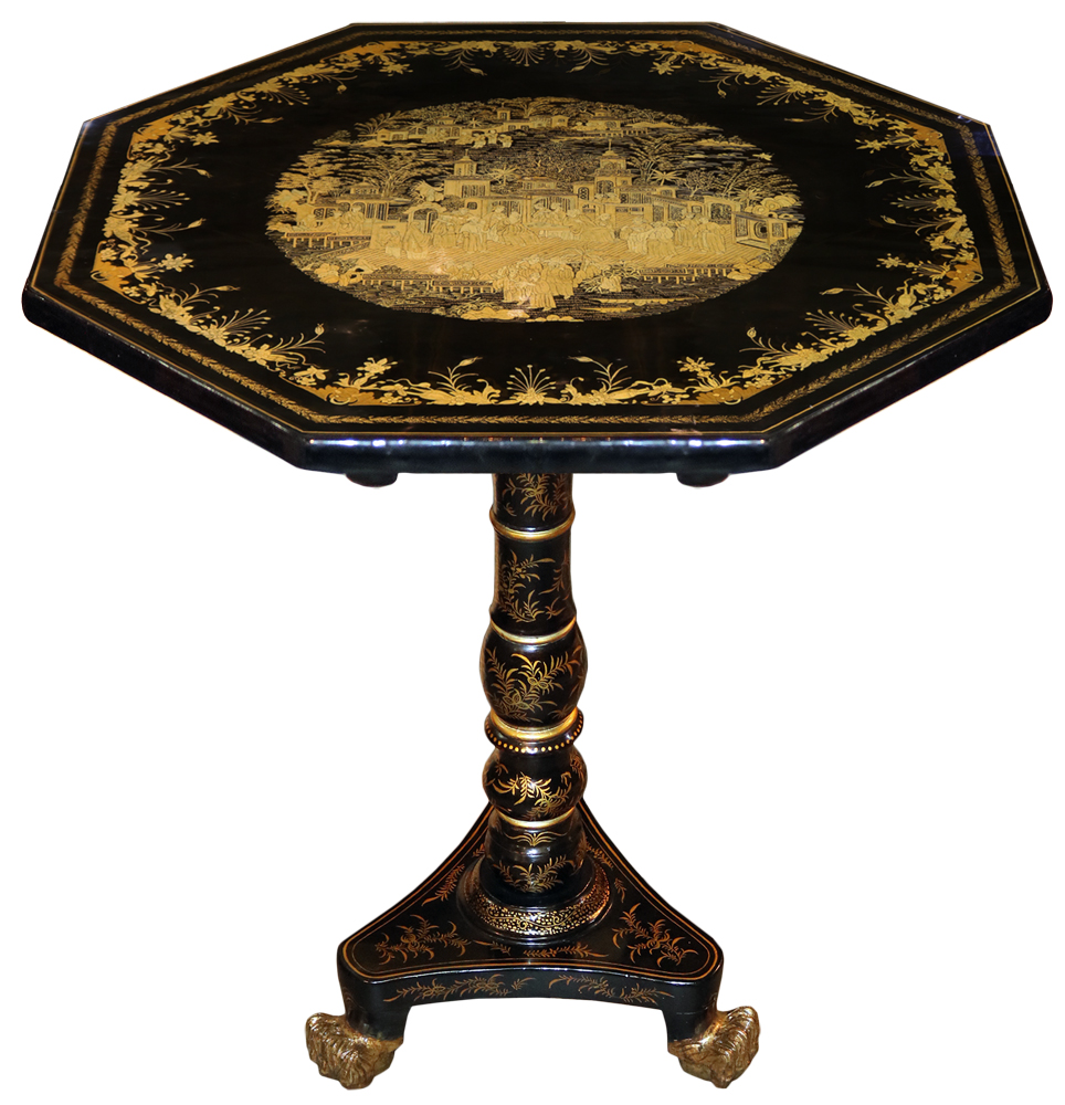 A 19th Century English Regency Chinese Export Black Lacquer and Parcel-Gilt Chinoiserie Tea Table No. 4699