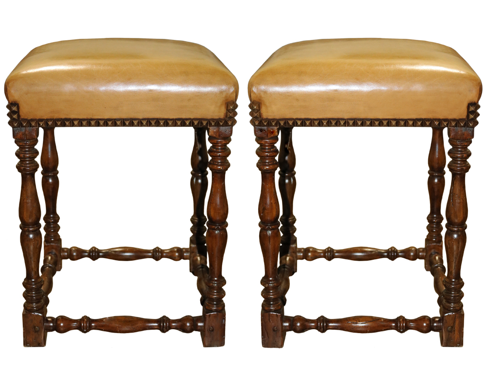 A Pair of Vintage Walnut and Upholstered Stools No. 4704