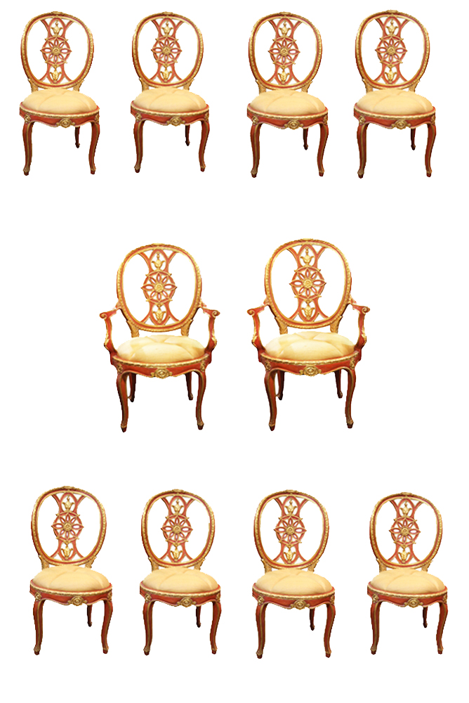 A Set of Ten 18th Century Venetian Red Polychrome Parcel-Gilt Dining Chairs No. 4725