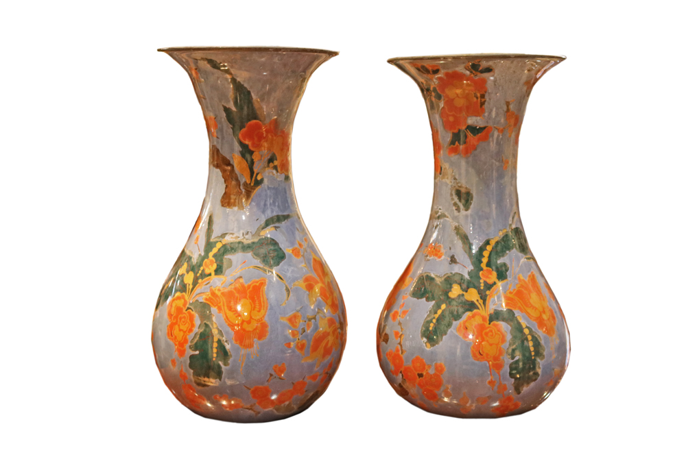 An Unusual and Pristine Pair of Late 18th Century Piedmontese Reverse Painted Italian Glass Vases No. 4732