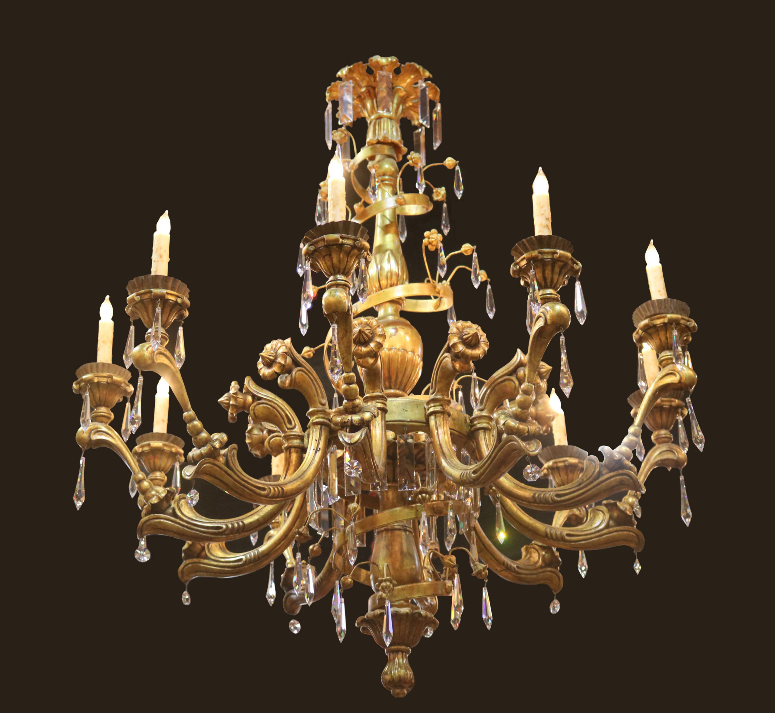 A 19th Century 10-Light Italian Giltwood, Wrought Iron and Crystal Chandelier No.4792
