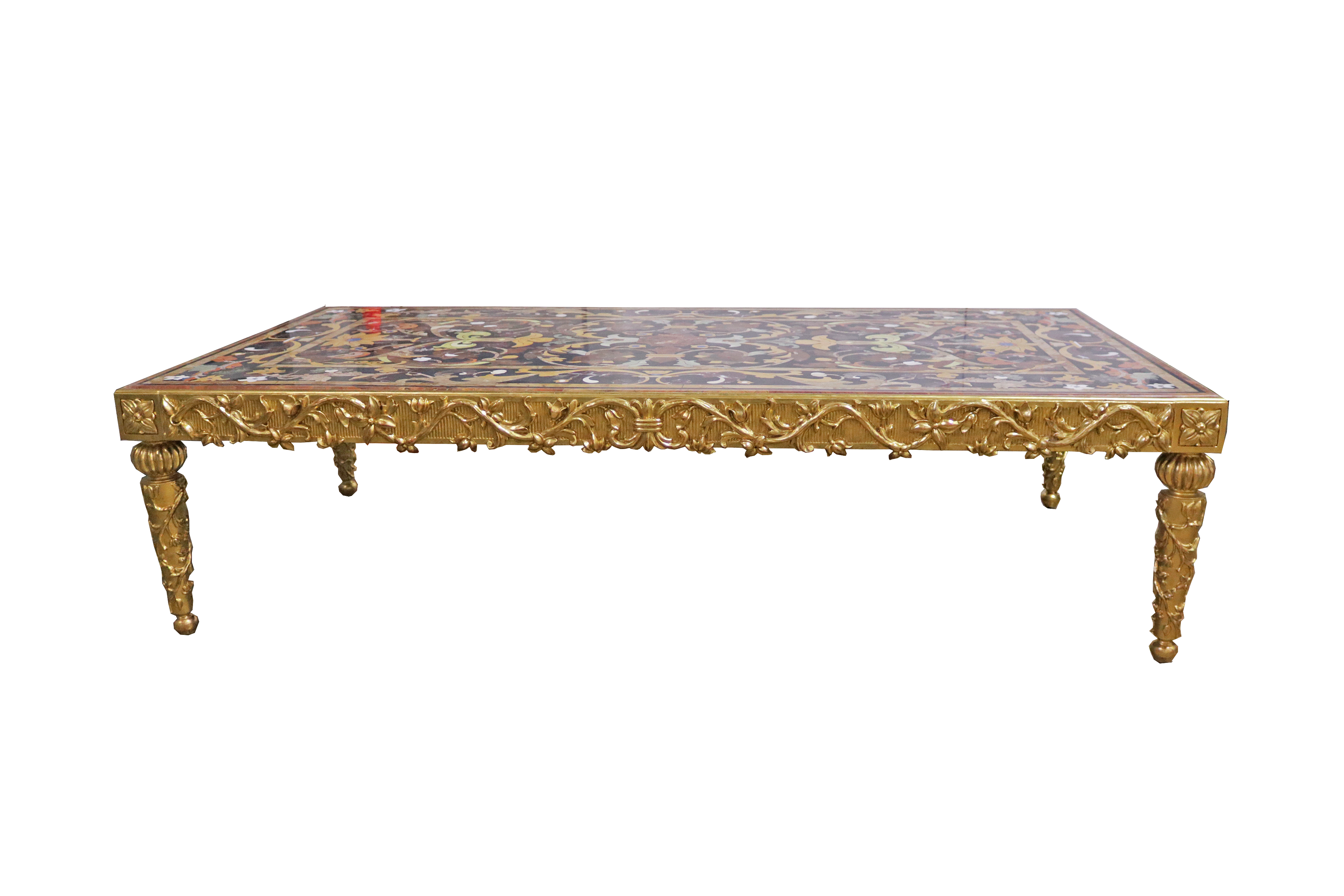 An Italian Pietra Dura Marble Coffee Table Top on a Later 22 Karat Gilded Wooden Base, No. 4846