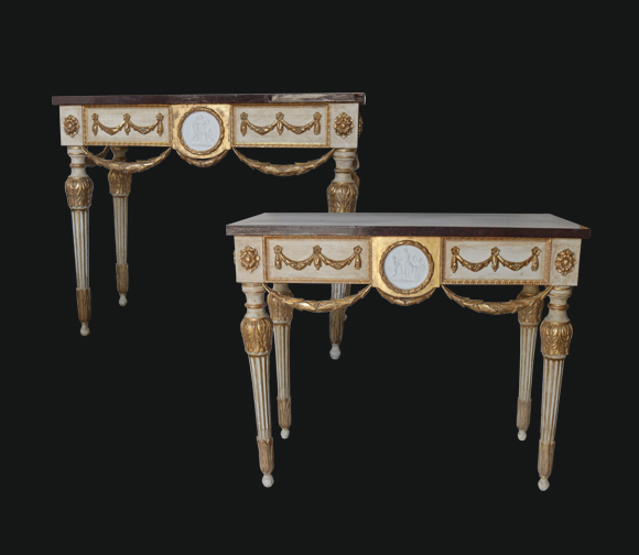 An Exquisite Pair of 18th Century Louis XVI Polychrome and Gilded Faux Marble Top Consoles No.4858